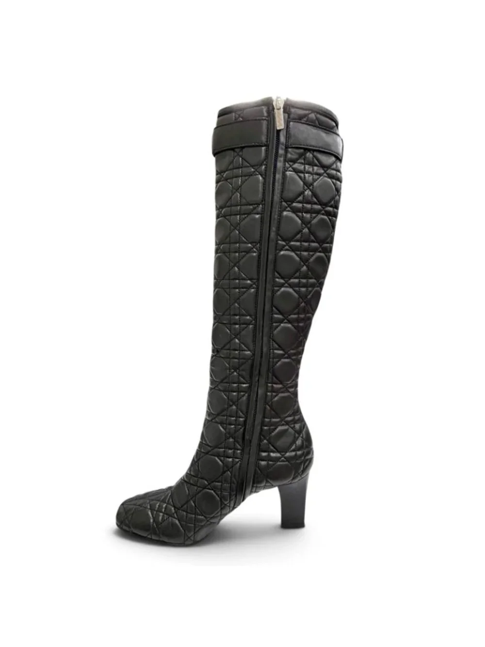 Dior Cannage Side Zip Leather Long Boots Black Silver